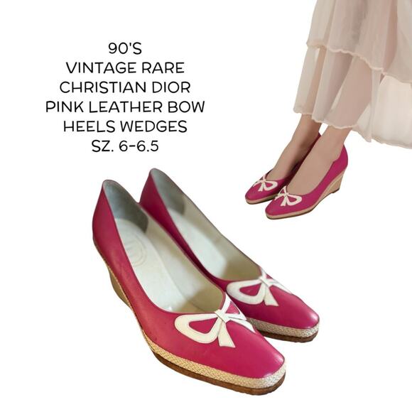 90'S VTG. RARE CHRISTIAN DIOR PINK LEATHER BOW WEDGES HEELS SZ. 6-6.5 - Picture 1 of 8